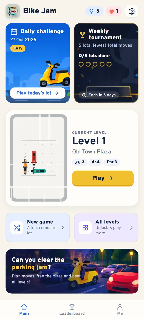 Bike Jam home screen with the daily challenge, weekly tournament and current level